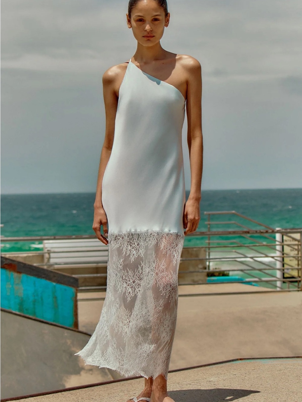 Shona Joy Labyrinth Lace One Shoulder Cowl Maxi Dress - Pale Blue | 8 - Picture 1 of 6